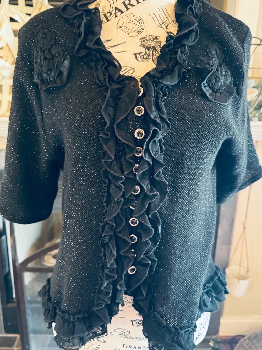 VTG Terry Black Silver Metallic Knit Ruffle Cardigan Sweater Short Sleeve 90s M